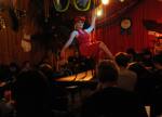 Two incredibly talented performers: juggler and balancing babe Miss Ellaneous with blindfolded violinist and poledancing beauty Danny De Mure. Photograph by Raymond Massa.